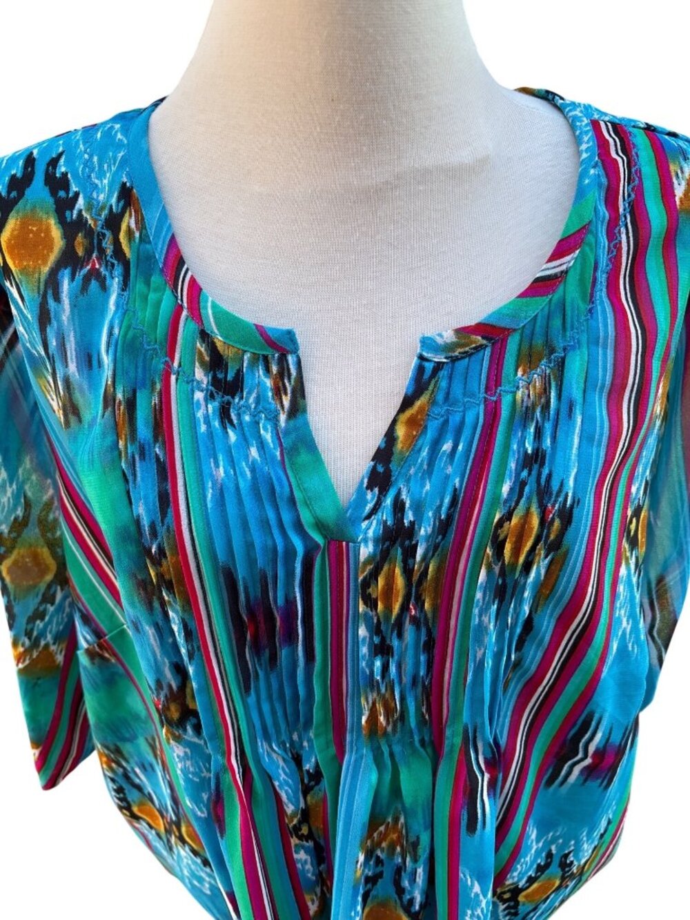 Roamans Womens 28W Multicolor Striped & Ikat Print Tunic Top With Pintuck Detail
